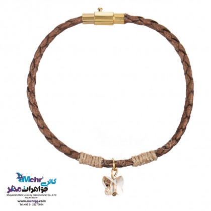 دستبند طلا و چرم - سنگ سواروسکی پروانه-MB0861